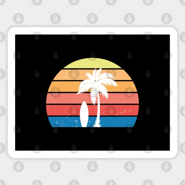 Retro sunset palmtree surfboard Magnet by gegogneto